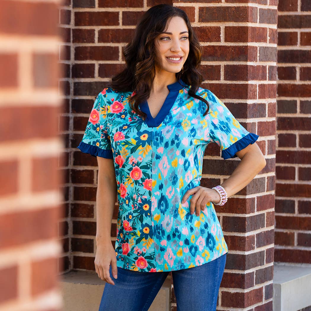 Blue Floral V-Neck Half Sleeve Top for wholesale on Faire