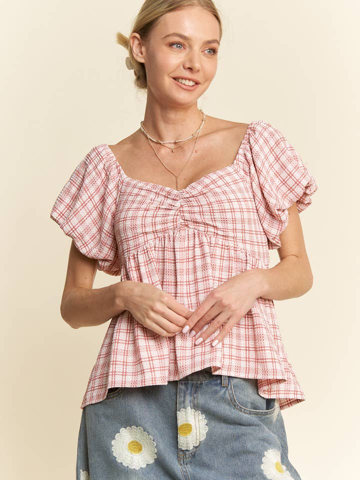 PLAID PUFF SLEEVES RUFFLED SMOCKED TOP BLOUSE for wholesale by Davi & Dani