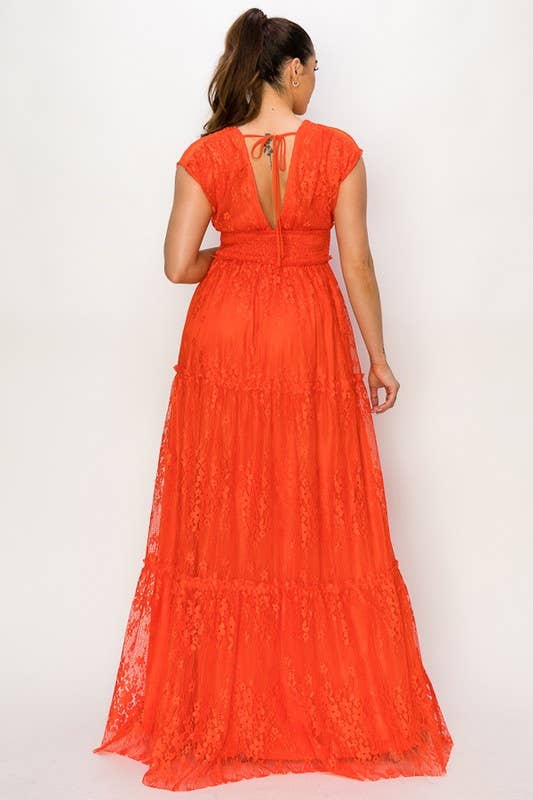 Miss Avenue - Vente Robe – femme - Robe longue volantée à col en V et à manches courtes en dentelle DM31072