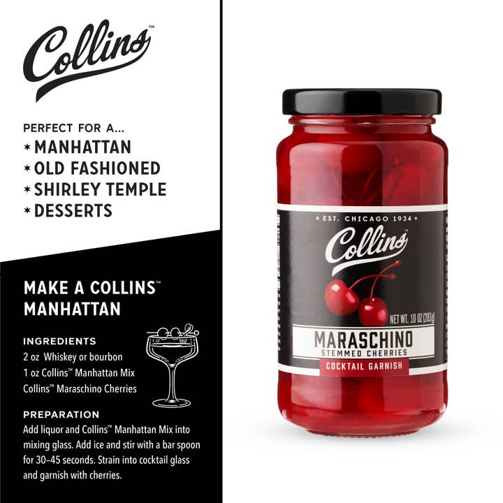 Collins - Wholesale Cocktail Mix/Syrup - Stemmed Maraschino Cherries Cocktail Garnish - 10 oz