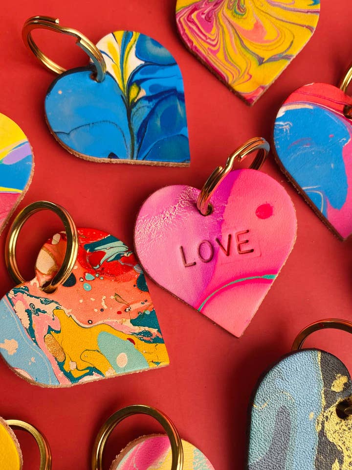 Handmade Leather Marbled Heart Keyring - Personalisation Available for wholesale by Willow