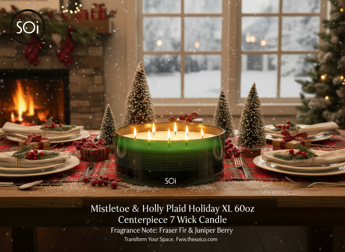 The SOi Company - Wholesale Jar/Filled Candle - Mistletoe & Holly Plaid XL 60oz Centerpiece 7 Wick Candle1