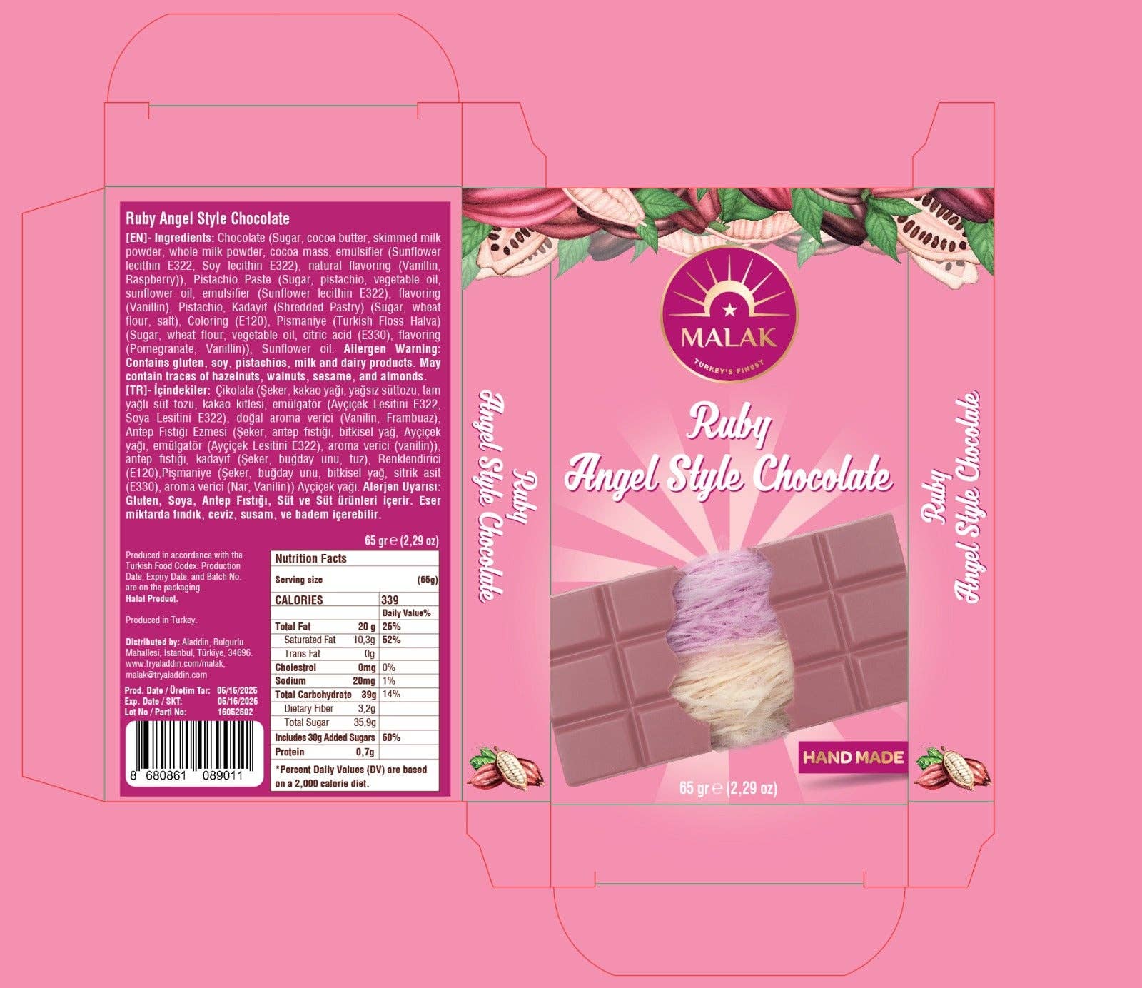 Aladdin - Wholesale Chocolate Bar - Malak Angel Hair Ruby Chocolate with Pistachio & Cotton Candy - 65gr1