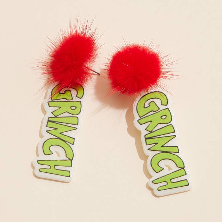 Lilla Haven - Wholesale Dangle Earrings - Christmas Green Monster & Pom-Pom Dangling Earrings