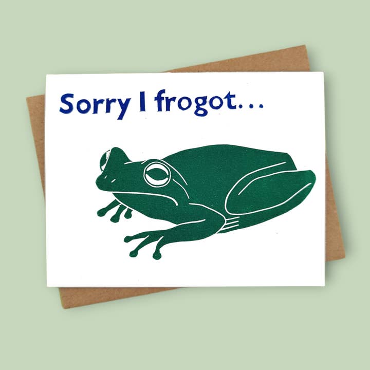 Winter Pickle Press - Wholesale Everyday Greeting Card - Handprinted linocut sorry I frog-ot folded card0