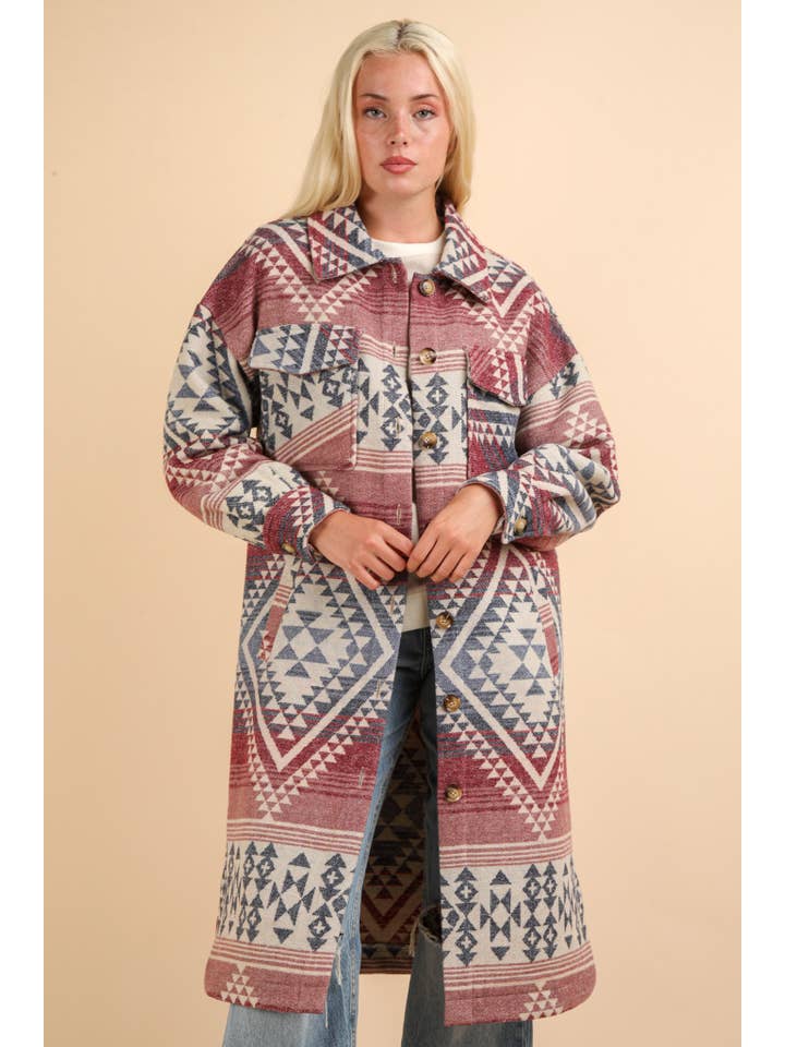 VERY J - Wholesale Shirt Jacket/Shacket - Women's - NJ90325-Aztec & Plaid Printed Shacket Jacket Coat