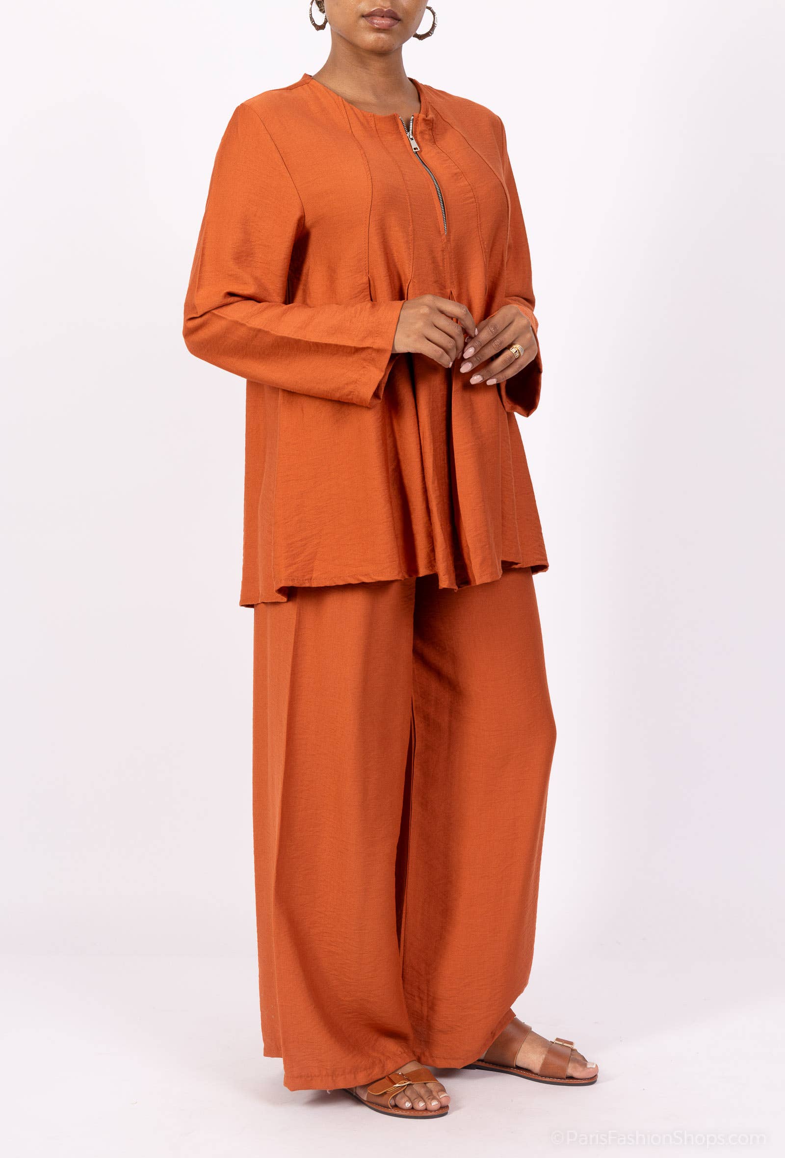L'Emotion - Wholesale Tunic - Women's - Pleated Viscose Nylon Zip Collar Top & Pants Set9
