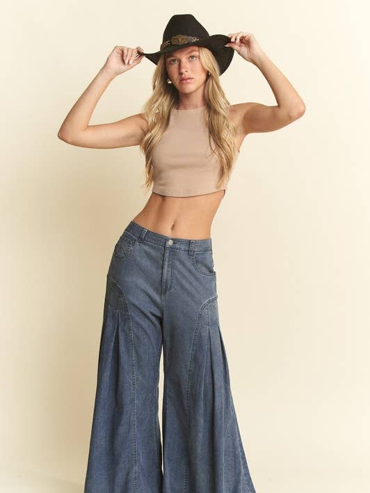 Denim WIDE LEG FLARED PANTS for wholesale on Faire