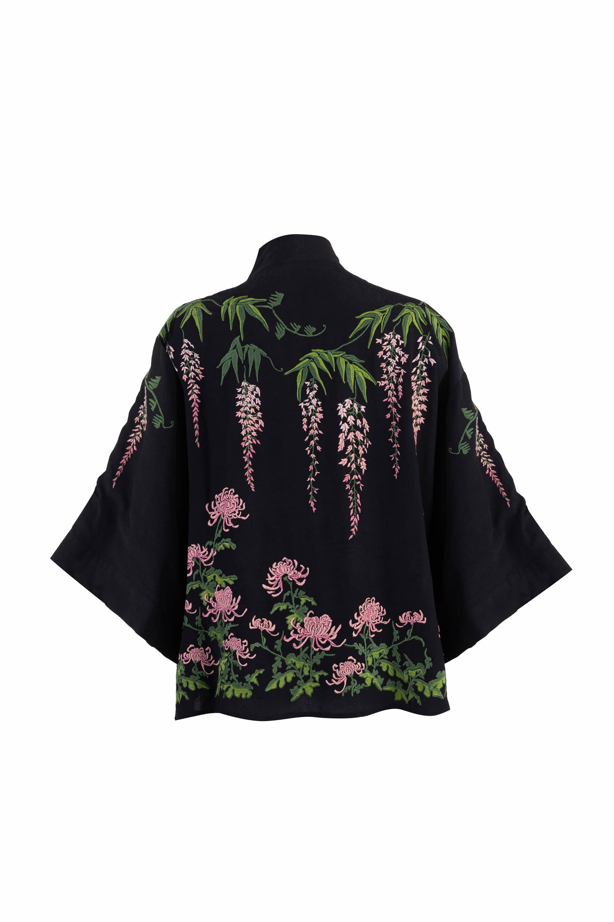 Artemis Muse - Vente Kimono – femme - Kimono court noir doublé avec broderies glycine et chrysanthème en rose et vert6