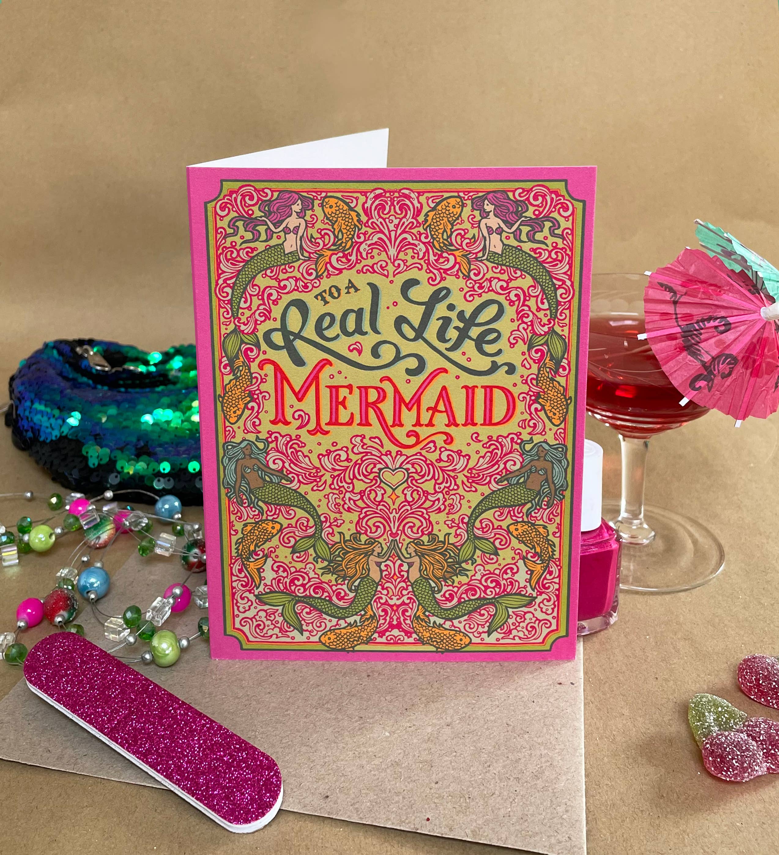 flight & fancy - Wholesale Birthday Card - Real Life Mermaid Greeting Card. Pink & Green Birthday Card1