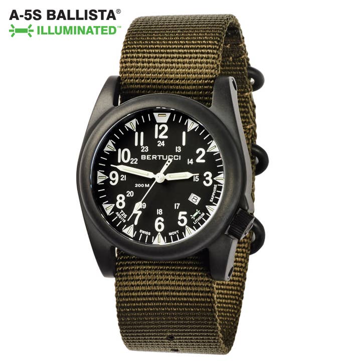 A-5S Ballista Illuminated Black Dial with Olive Nylon Band for wholesale by Bertucci