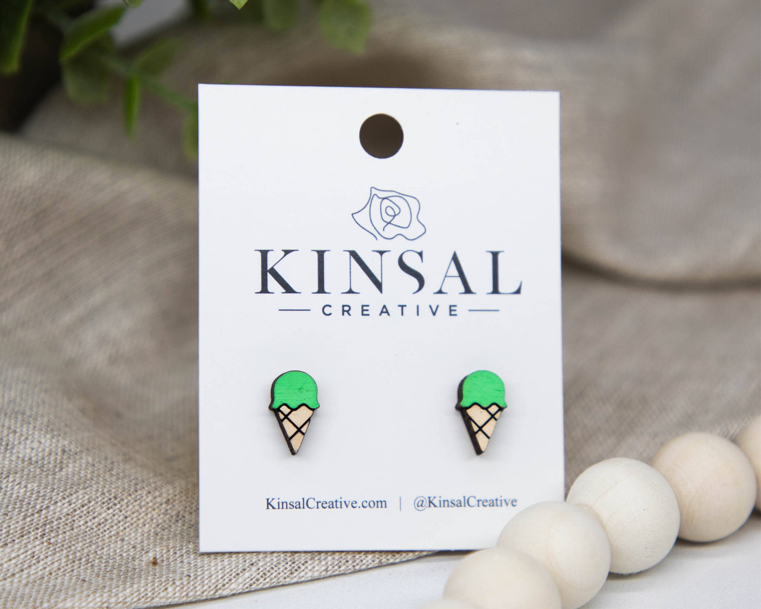 Kinsal Creative – wholesale Stud/post earrings – Ice Cream Waffle Cone Wood Stud Earrings3