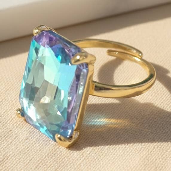 Modern Classic Rectangular Glass Crystal Adjustable Ring for wholesale by StarryNYC