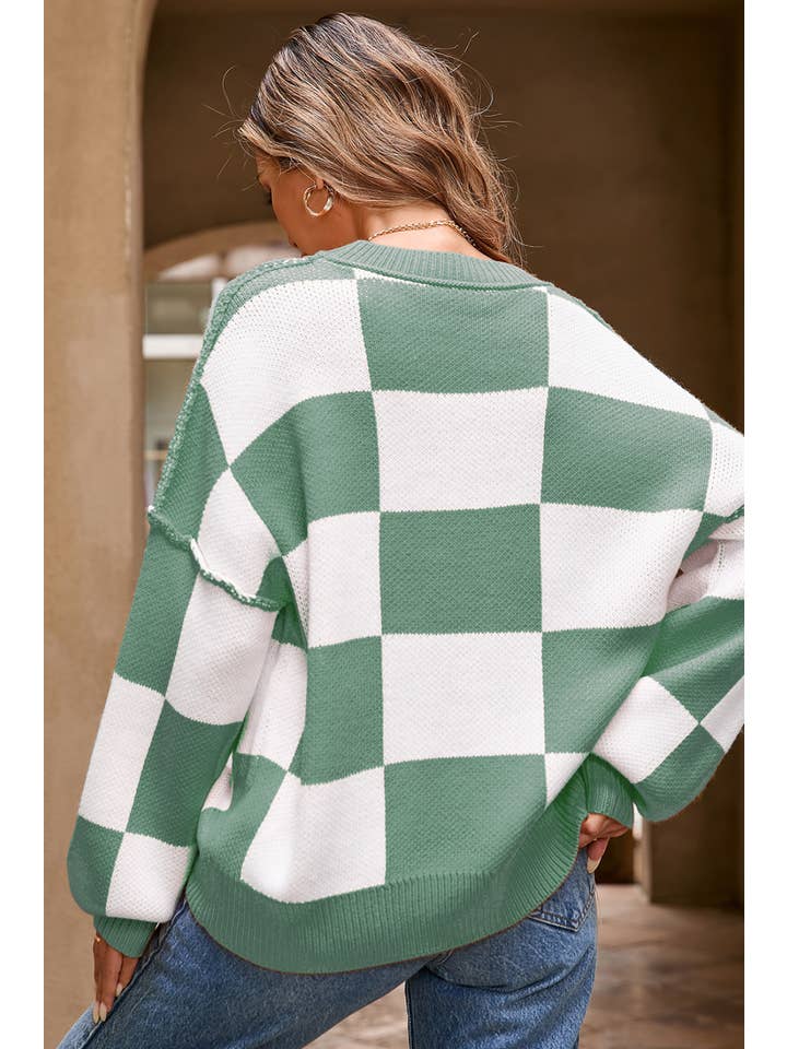 Little Daisy Closet - Wholesale Knit Sweater - Women's - LDC Checkered Bishop Sleeve Sweater