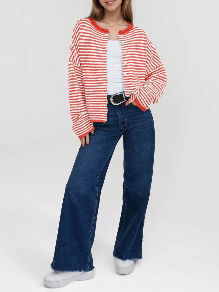 Suhkasana - Wholesale Cardigan - Women's - Striped Color Block Cardigan Sweater | Long Sleeve Casual Open Front3