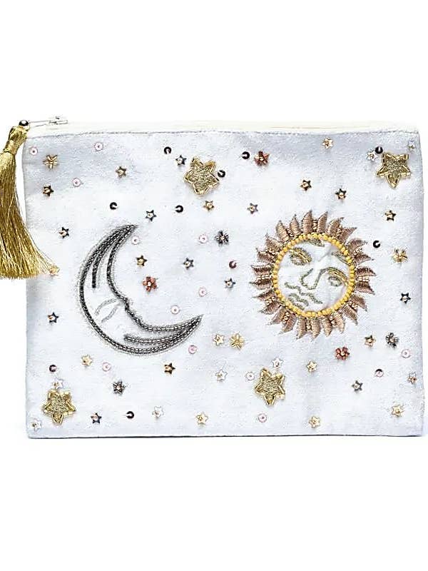 Velvet Embroidery Make-up Pouch white astrology for wholesale by Temple of Treasure