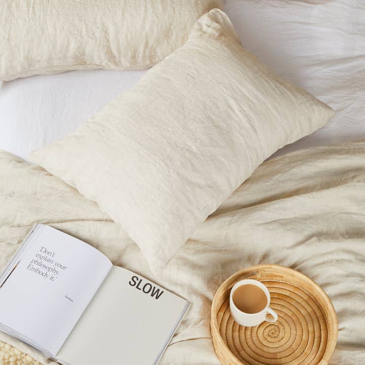 Stonewashed linen cushion cover, beige striped for wholesale by By Native