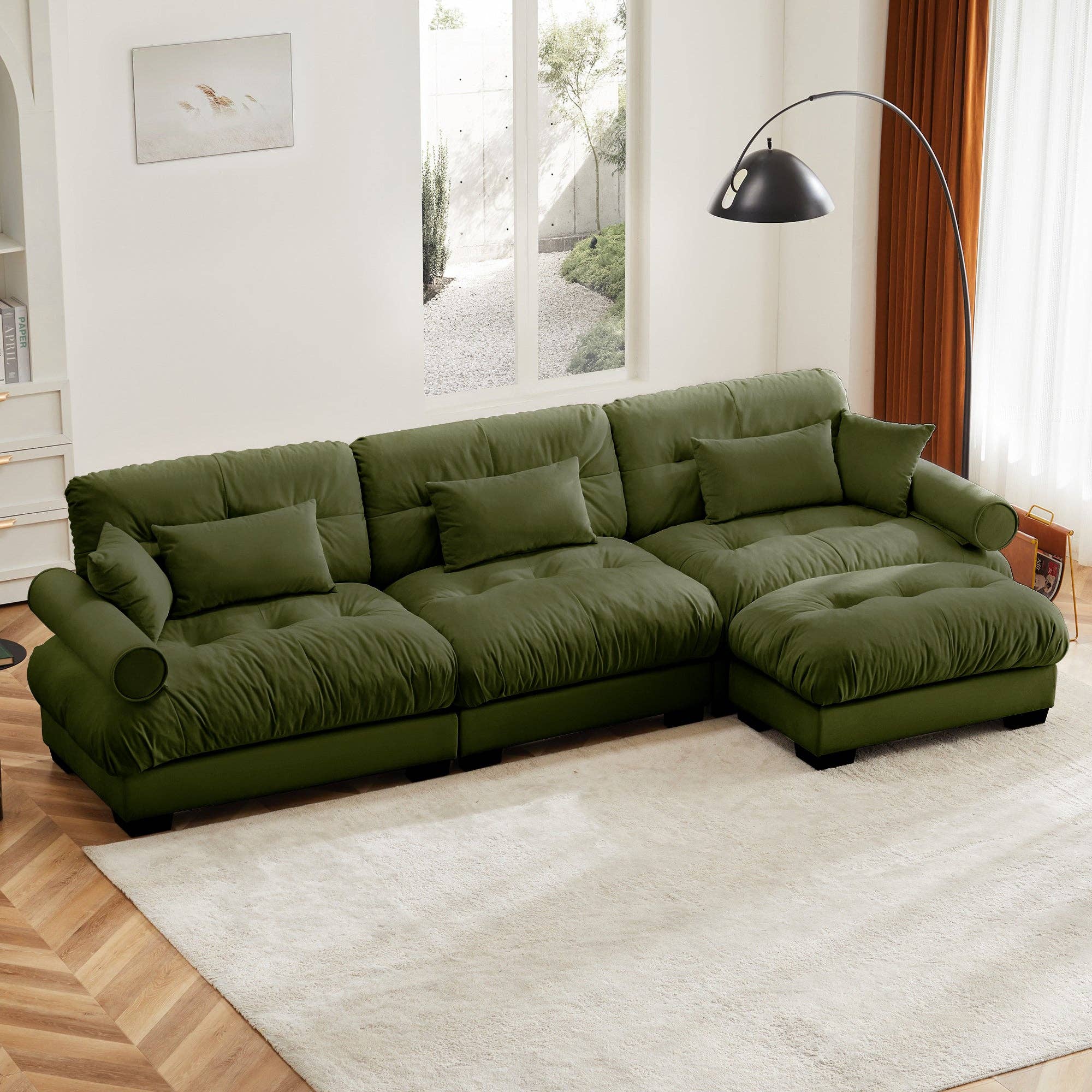 39F Inc. - Wholesale Sofa - Oversized Olive Green Velvet Sectional Sofa with Ottoman3