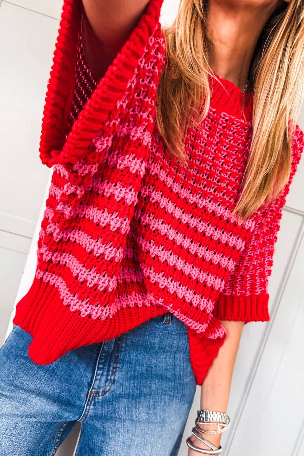 Suhkasana - Wholesale Knit Sweater - Women's - Red Striped Slouchy Knit Sweater with 3/4 Draped Sleeves3