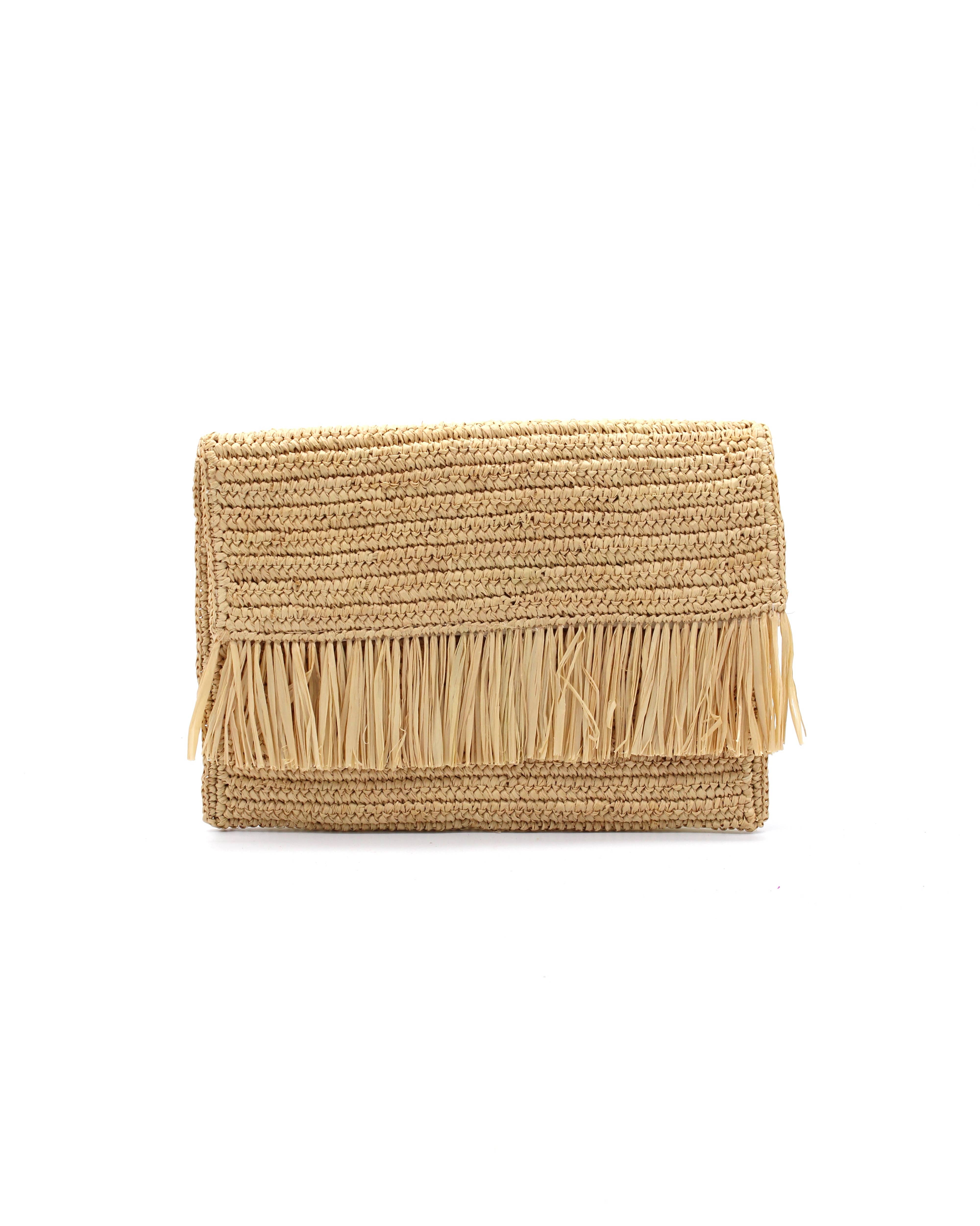 Shebobo – wholesale Clutch bag – women's – Coco Crochet Straw Clutch with Raw Fringe Trim2