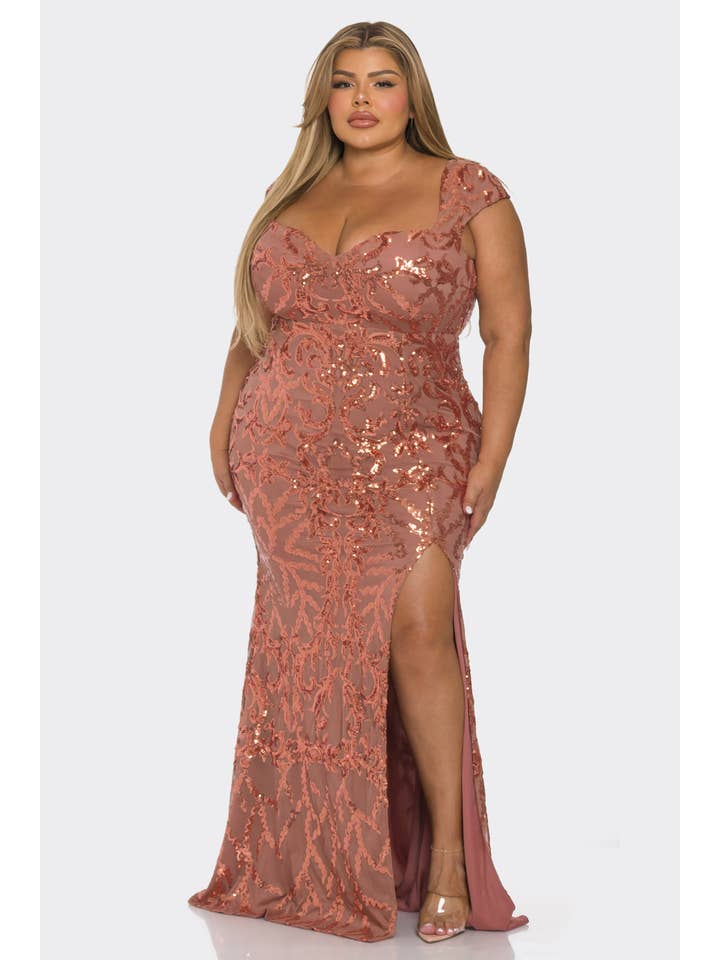 RICARICA INC. - Wholesale Gown - Women's - P2140P1- PLUS SIZE CAP SLEEVE SEQUIN MAXI DRESS-OPEN SIZING