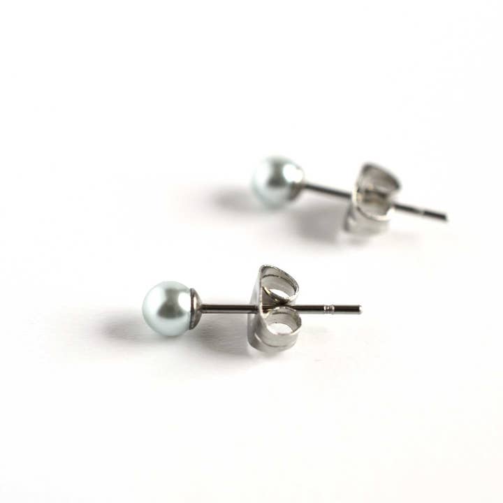 4mm Pale Blue Faux Pearl Stud Earrings, Hypoallergenic Surgical Steel, Subtle Pearl Studs for wholesale by Little Gems Jewels