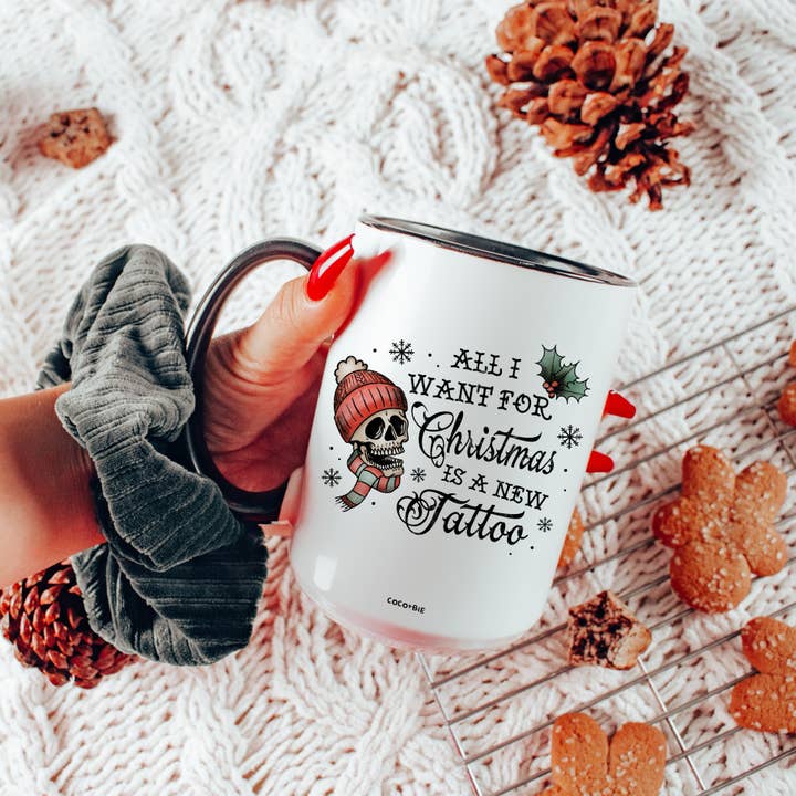 coco+bie designs - Venta al por mayor Taza - Taza de Tatuaje Navideño - Todo lo que quiero para Navidad, Esqueleto3
