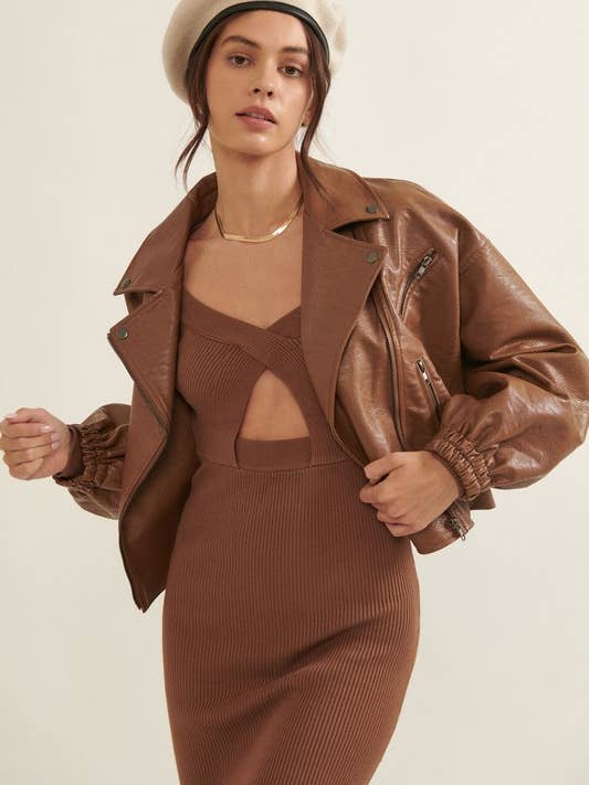 Faux läder Notch Lapel Zip Up motorcykel jacka för wholesale av MintChoco