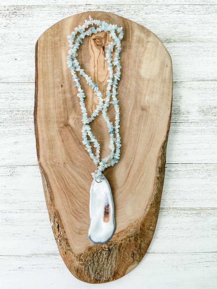 The Stella Necklace - Aquamarine with Oyster Shell Pendant for wholesale by Made on Maidstone