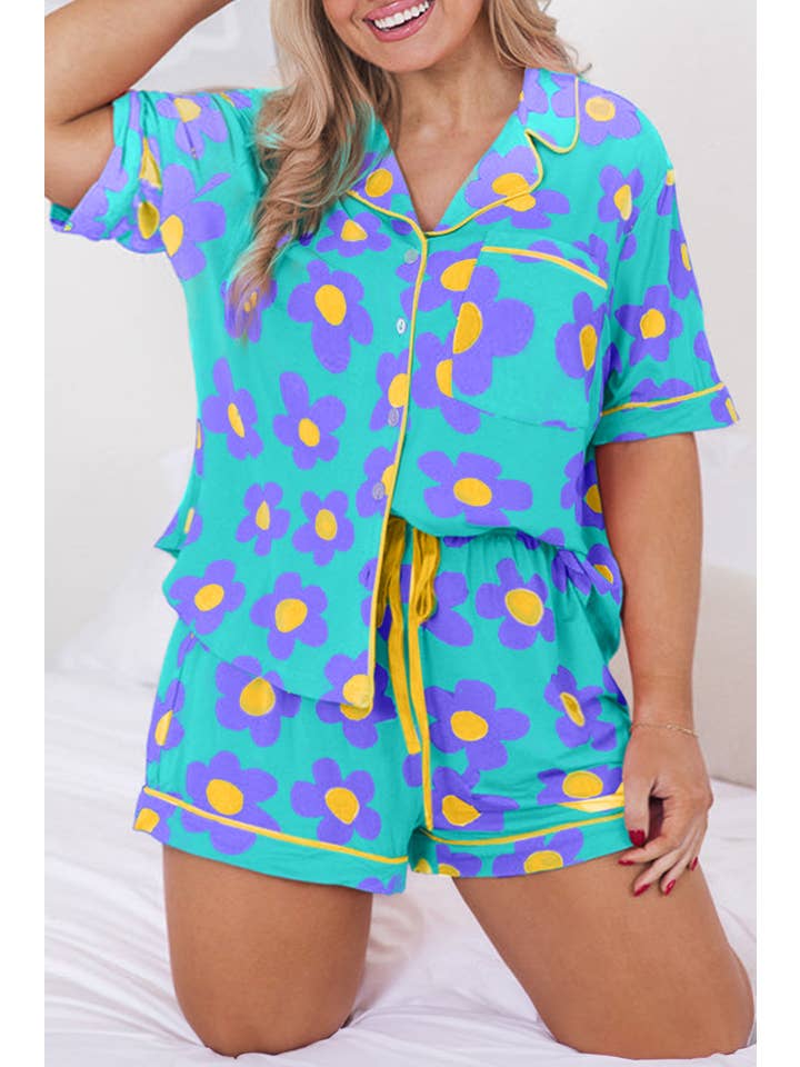 Sky Blue Floral Top and Shorts Pajama Set Plus Size for wholesale on Faire