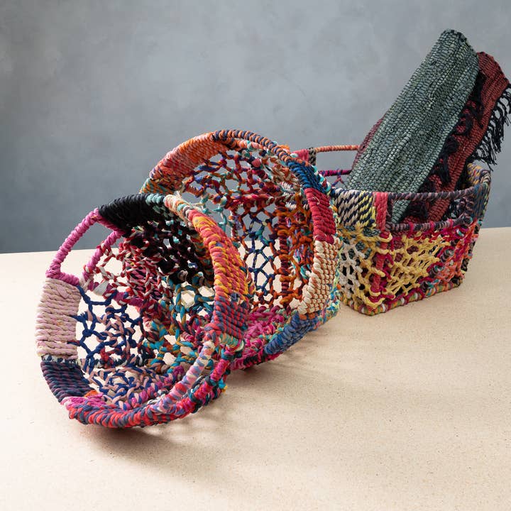 India Handicrafts Inc - Wholesale Basket - Colorful Jute Net Baskets, Set of 3