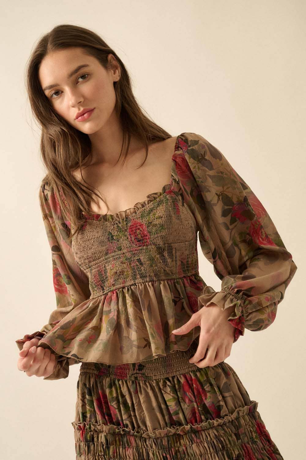 Promesa USA - Wholesale Blouse - Women's - Floral-Print Smocked Sweetheart Peplum Peasant Top14