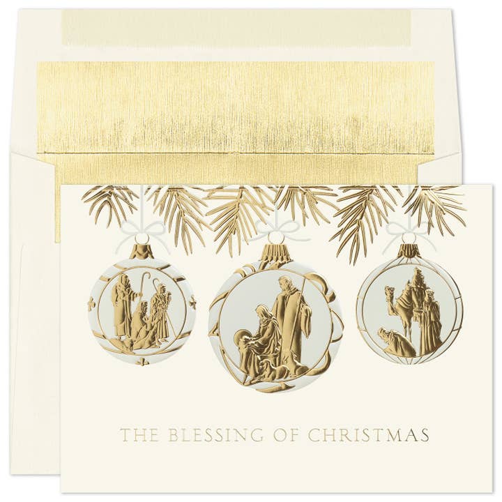 Nativity Ornament Trio Boxed Holiday Cards for wholesale by Masterpiece Studios