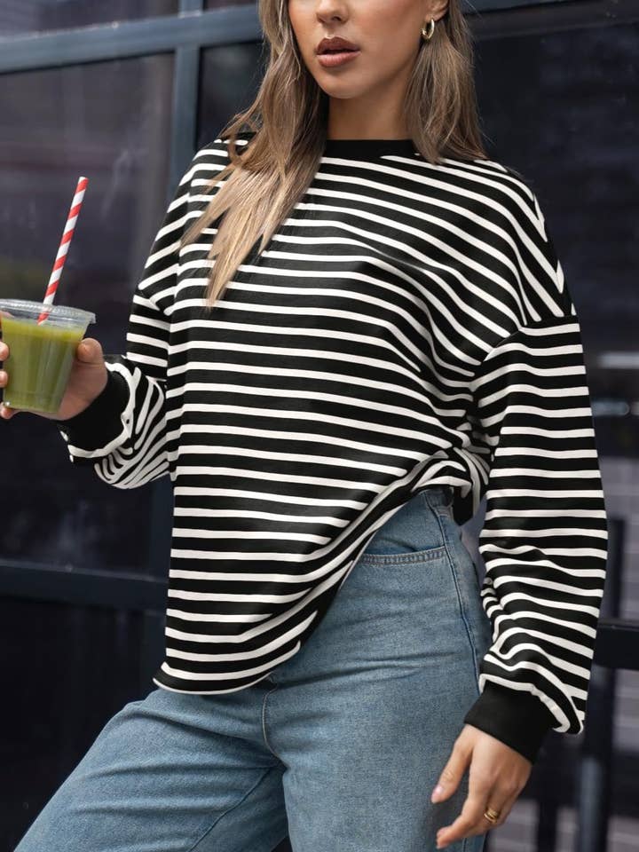 HIDDENBRAND - Wholesale Sweatshirt - Women's - Colored Striped Crewneck Loose Sweatshirt5