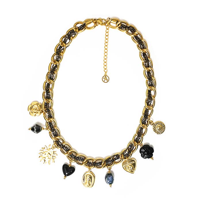 INTERWOVEN NECKLACE WITH ENAMELED BEADS AND DANGLING CHARMS for wholesale by AMORINO SRL