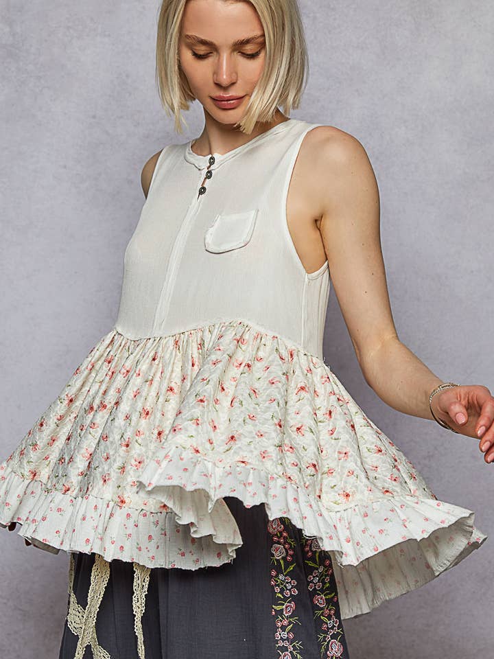 Round neck sleeveless contrast rayon gauze top for wholesale by Pol Clothing