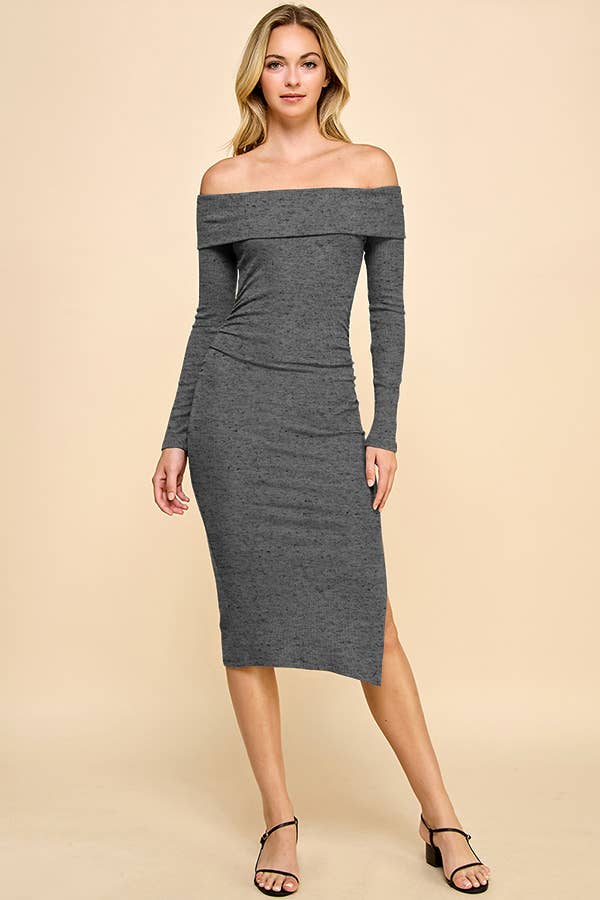 Heart & Hips – wholesale Dress – Women's – RD53632L - RUCHED OFF SHOULDER MIDI DRESS WITH A SLIT3