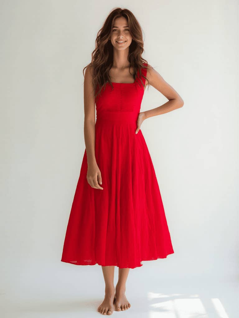 Ariastop.com corporation - Wholesale Dress - Women's - Pure Cotton Red Midi Dress for Women