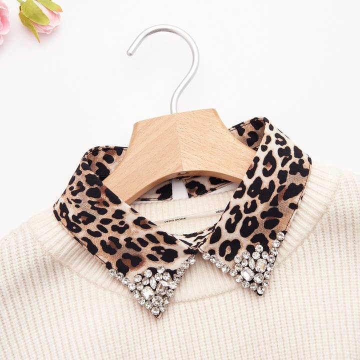 Glam Leopard Print Faux Cotton Collar with Crystals for wholesale by PEACH ACCESSORIES