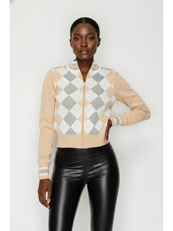 5besties inc - Wholesale Cardigan - Women's - ARGYLE ZIP-UP SWEATER CARDIGAN4