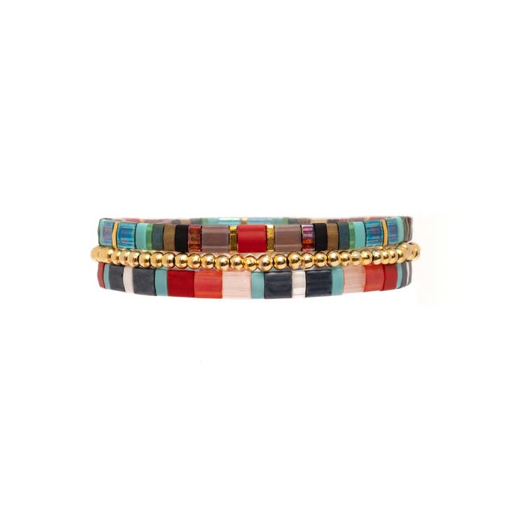 Mayana Designs Co - Wholesale Beaded Bracelet - Set/3 Miyuki Tila Bracelets (Aqua/Orange)