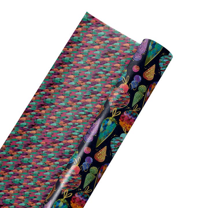 LA Ribbons Wholesale - Wholesale Wrapping Paper Roll - 30" x 10' Holiday Wrapping Paper | Jewel Toned Ornaments Metallic Accent on Black
2