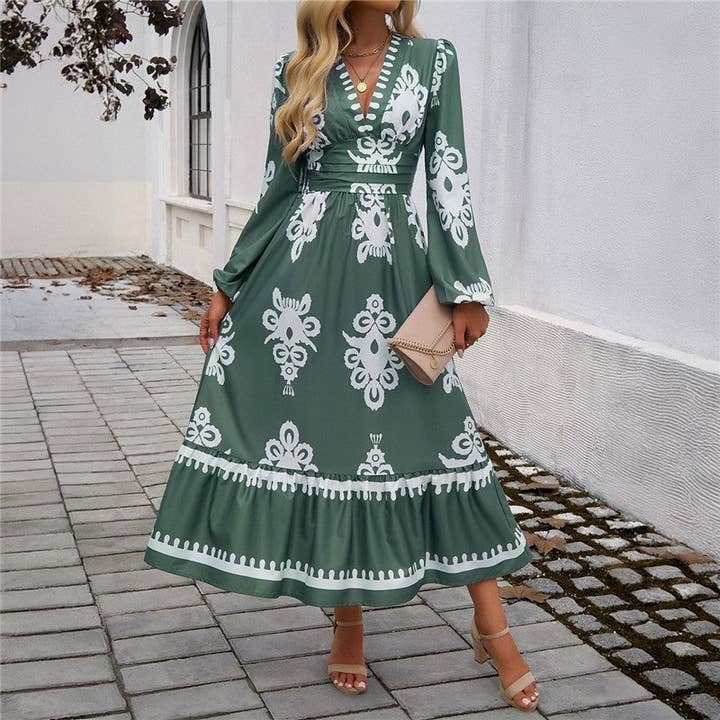 FurDecoration - Wholesale Dress - Women's - Elegant Printed V-Neck Long Sleeve Dress3