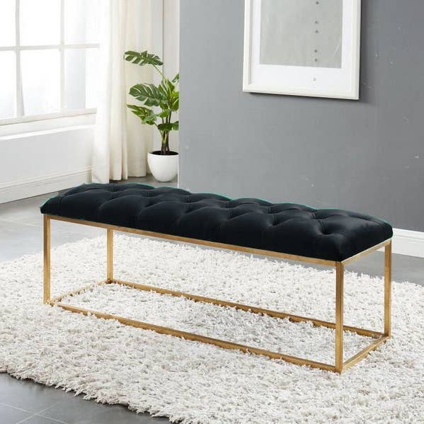 Black Velvet Button-Tufted Rectangular Bench With Gold Base for wholesale by Hi-Line Gift Ltd.