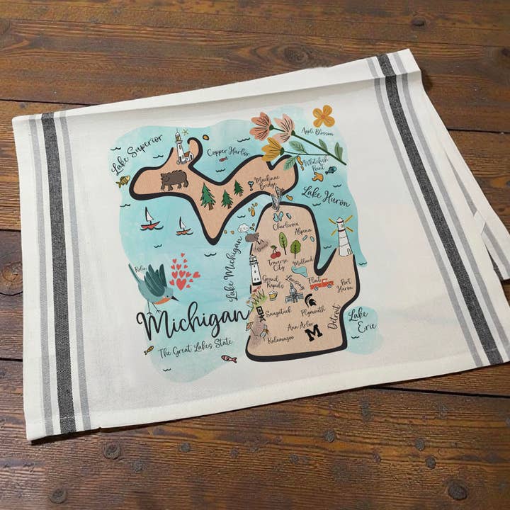 Illustrerad karta över Michigan – randig kökshandduk i bomull för wholesale av Gooseberry Designs