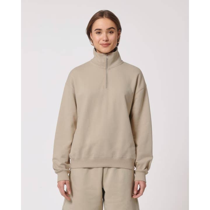 Oversized trucker sweater van biologische katoen met ritskraag - beige voor wholesale door BALOTTI