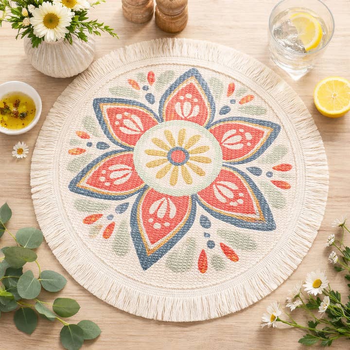 Base de Mesa Redonda de Algodão Tecido Flor Vermelha 13" por atacado de Fennco Styles