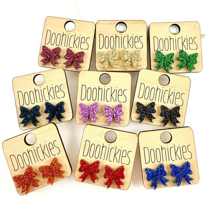 Doohickies - Wholesale Stud/Post Earrings - 15mm School Spirit Glitter Bow Studs - Custom Spirit Earrings - 9 Color Options9