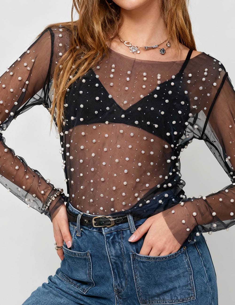 Sweetkama - Wholesale Blouse – Women’s - Pearl Rhinestone Studded See Through Mesh Crop Top SKT19760