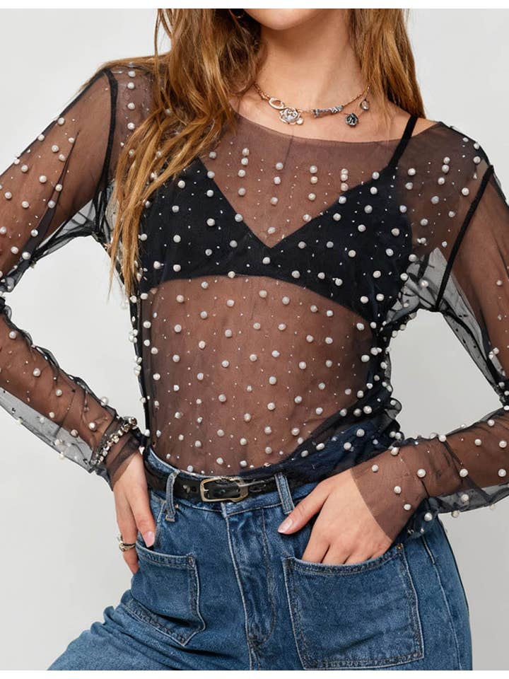 Sweetkama - Wholesale Blouse - Women's - Pearl Rhinestone Studded See Through Mesh Crop Top SKT1976